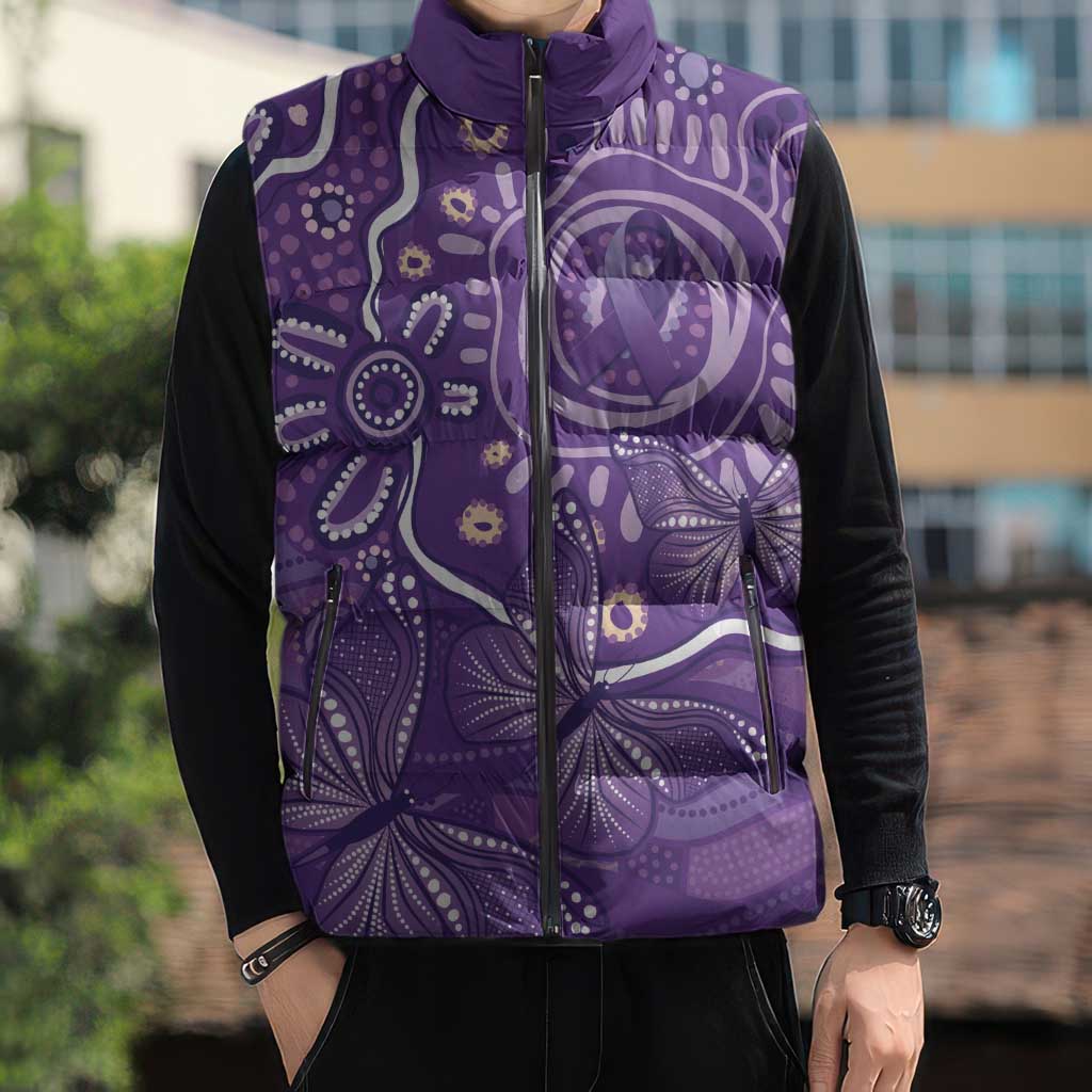 Australia Lupus Awareness Indigenous Sleeveless Puffer Jacket Purple Ribbon Aboriginal Butterflies