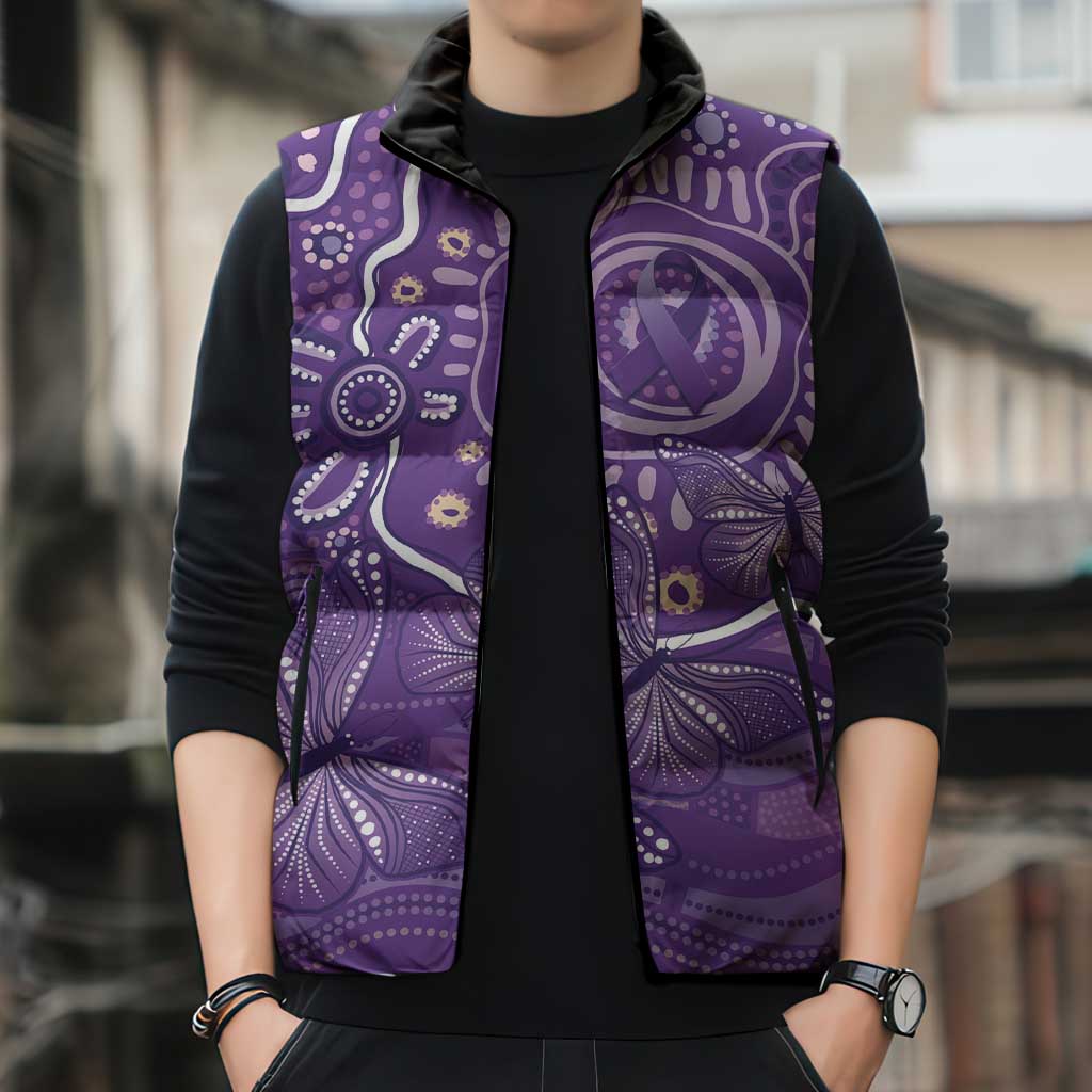 Australia Lupus Awareness Indigenous Sleeveless Puffer Jacket Purple Ribbon Aboriginal Butterflies