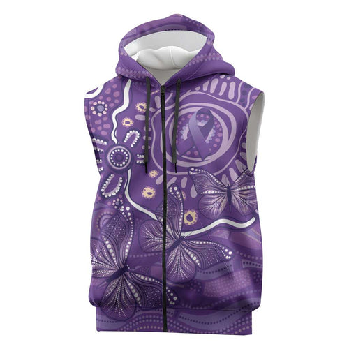 Australia Lupus Awareness Indigenous Sleeveless Zip Hoodie Purple Ribbon Aboriginal Butterflies