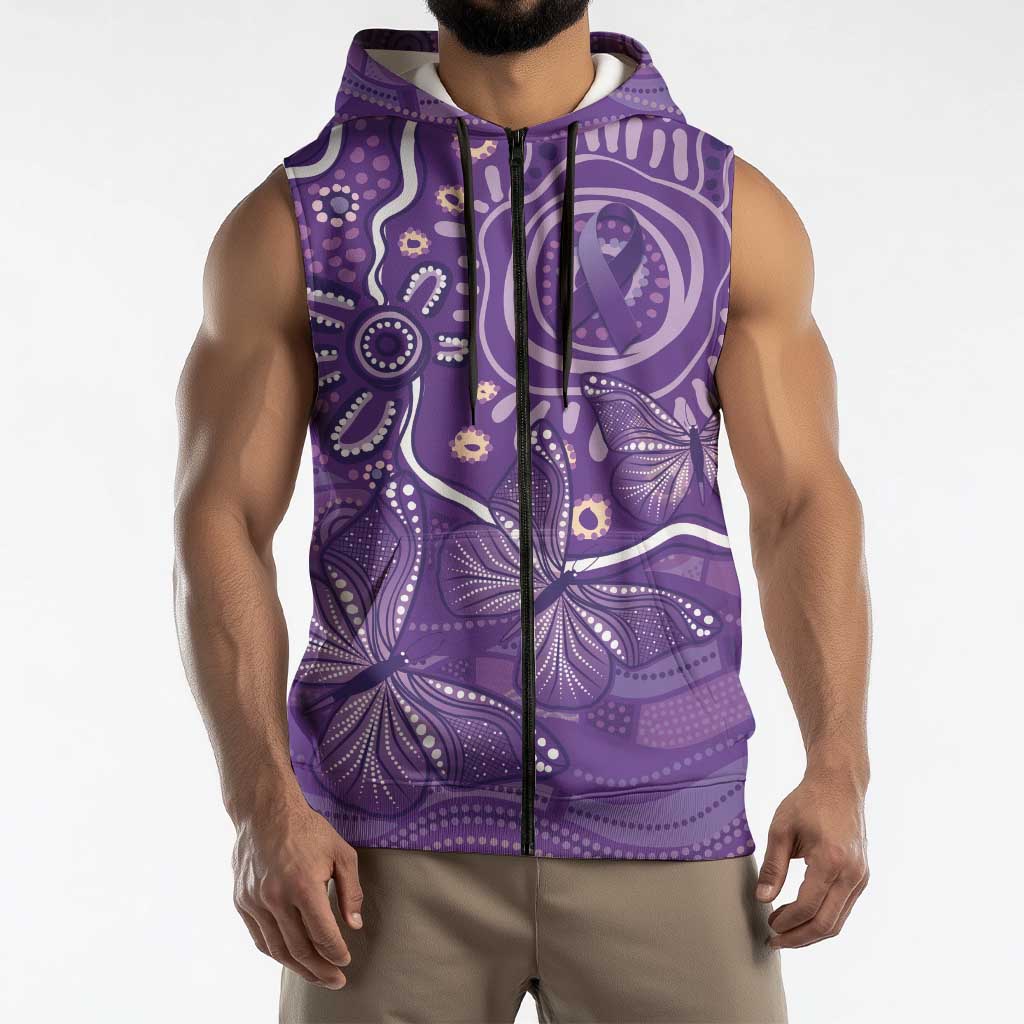 Australia Lupus Awareness Indigenous Sleeveless Zip Hoodie Purple Ribbon Aboriginal Butterflies