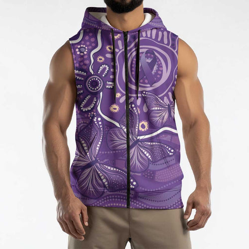 Australia Lupus Awareness Indigenous Sleeveless Zip Hoodie Purple Ribbon Aboriginal Butterflies