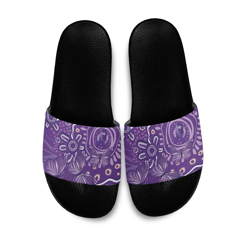 Australia Lupus Awareness Indigenous Slide Sandals Purple Ribbon Aboriginal Butterflies