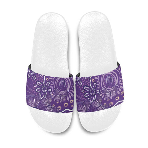 Australia Lupus Awareness Indigenous Slide Sandals Purple Ribbon Aboriginal Butterflies