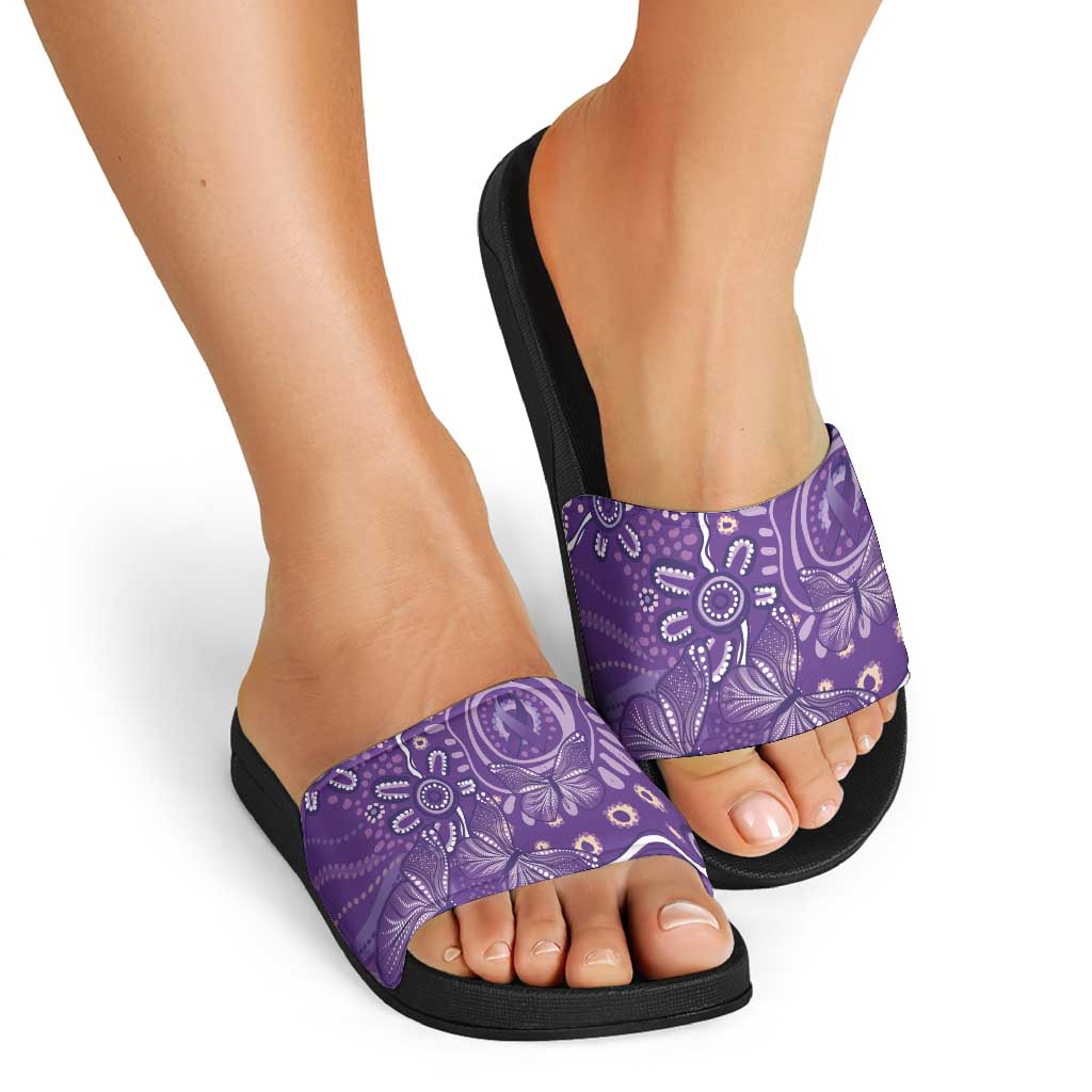 Australia Lupus Awareness Indigenous Slide Sandals Purple Ribbon Aboriginal Butterflies