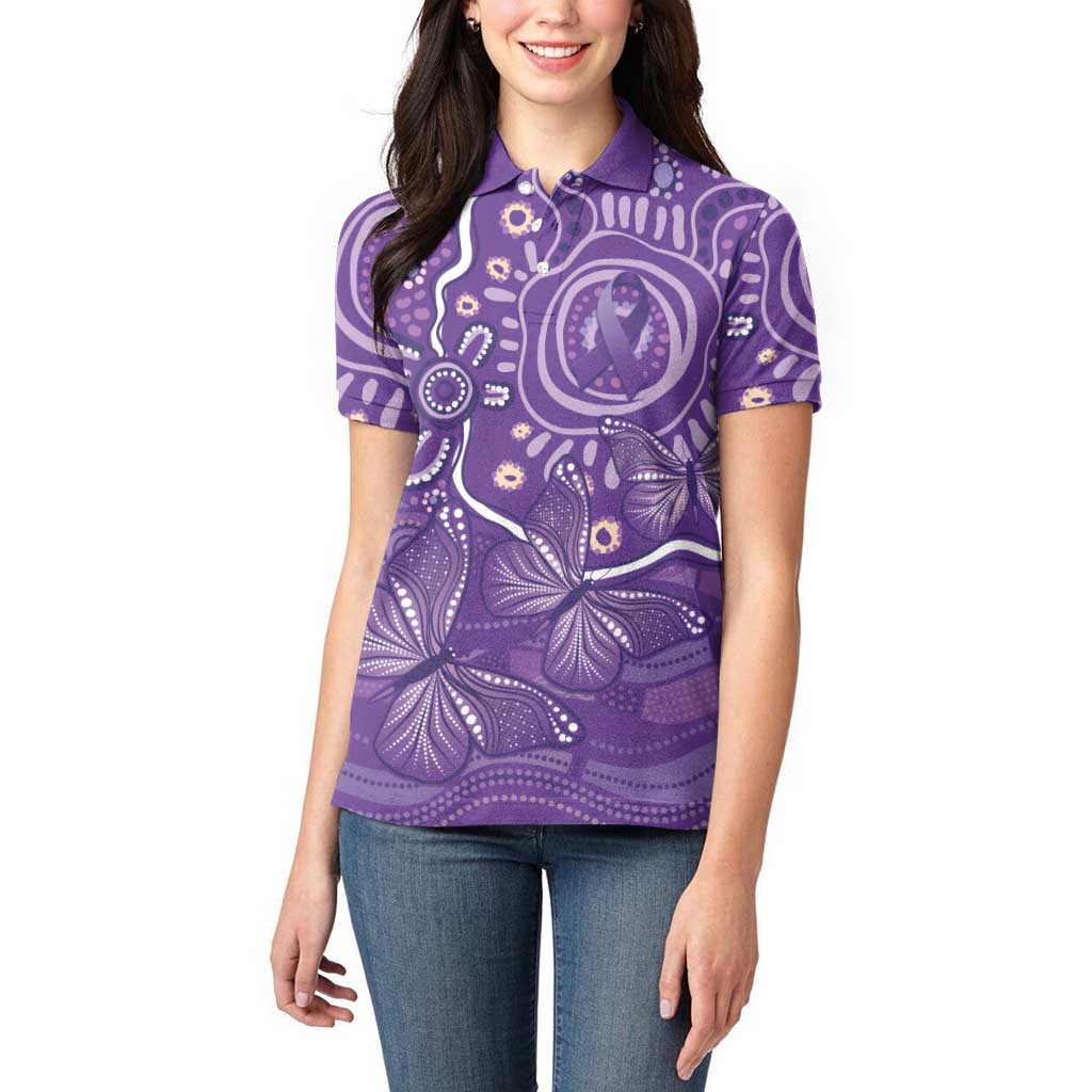 Australia Lupus Awareness Indigenous Women Polo Shirt Purple Ribbon Aboriginal Butterflies