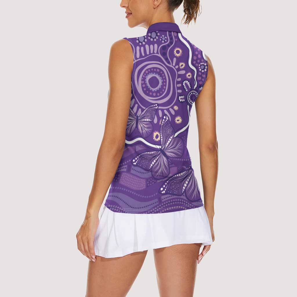Australia Lupus Awareness Indigenous Women Sleeveless Polo Shirt Purple Ribbon Aboriginal Butterflies