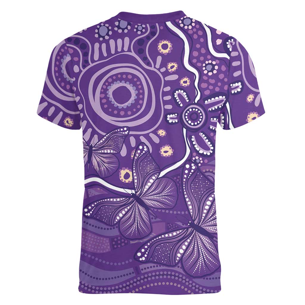 Australia Lupus Awareness Indigenous Women V-Neck T-Shirt Purple Ribbon Aboriginal Butterflies