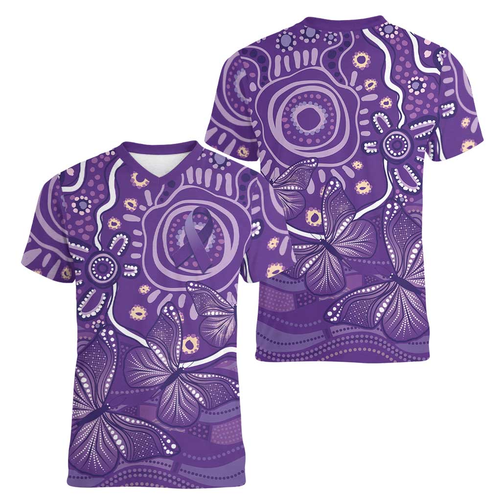 Australia Lupus Awareness Indigenous Women V-Neck T-Shirt Purple Ribbon Aboriginal Butterflies