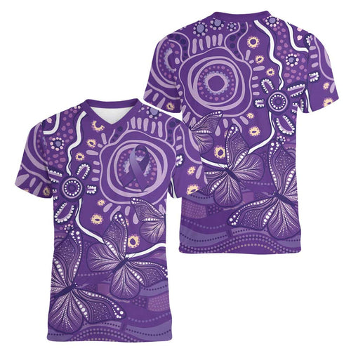 Australia Lupus Awareness Indigenous Women V-Neck T-Shirt Purple Ribbon Aboriginal Butterflies