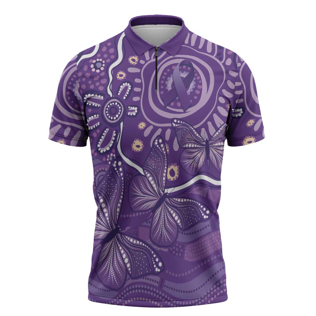 Australia Lupus Awareness Indigenous Zipper Polo Shirt Purple Ribbon Aboriginal Butterflies