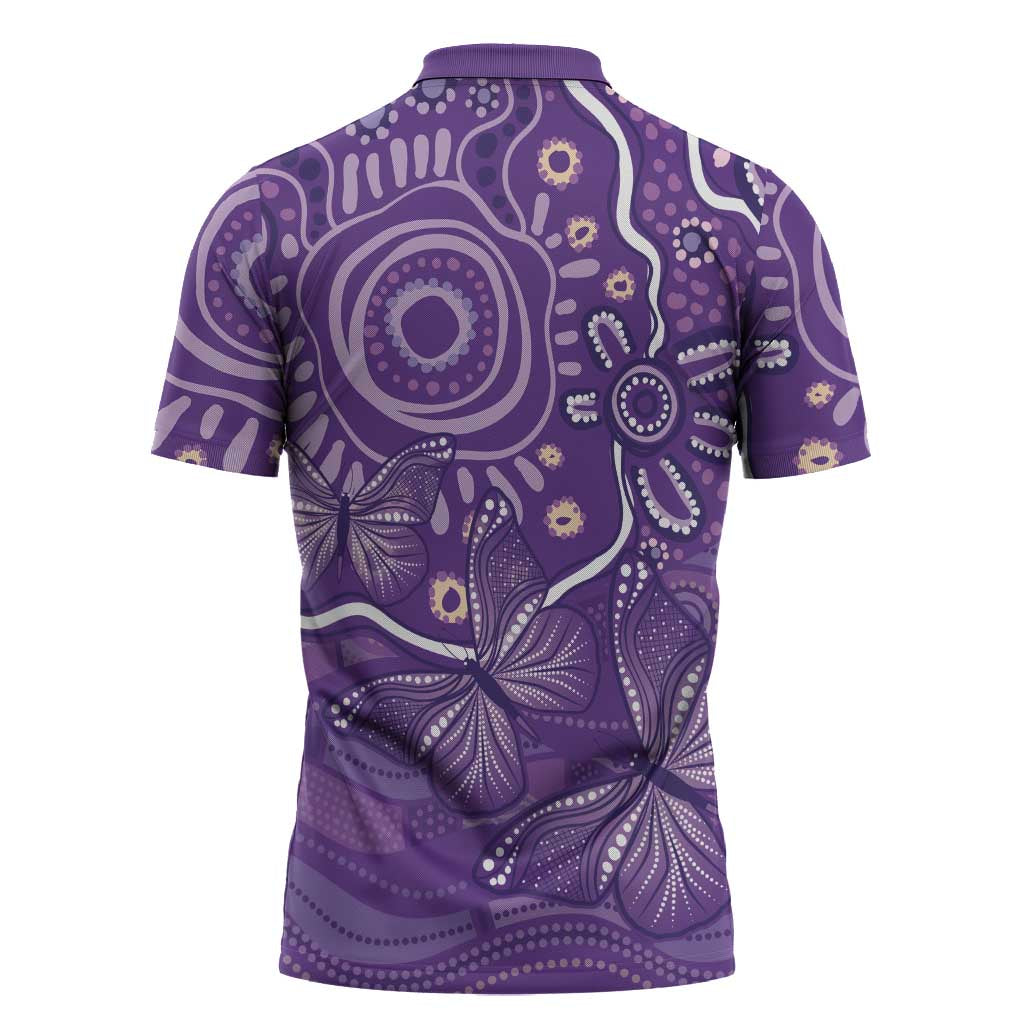 Australia Lupus Awareness Indigenous Zipper Polo Shirt Purple Ribbon Aboriginal Butterflies