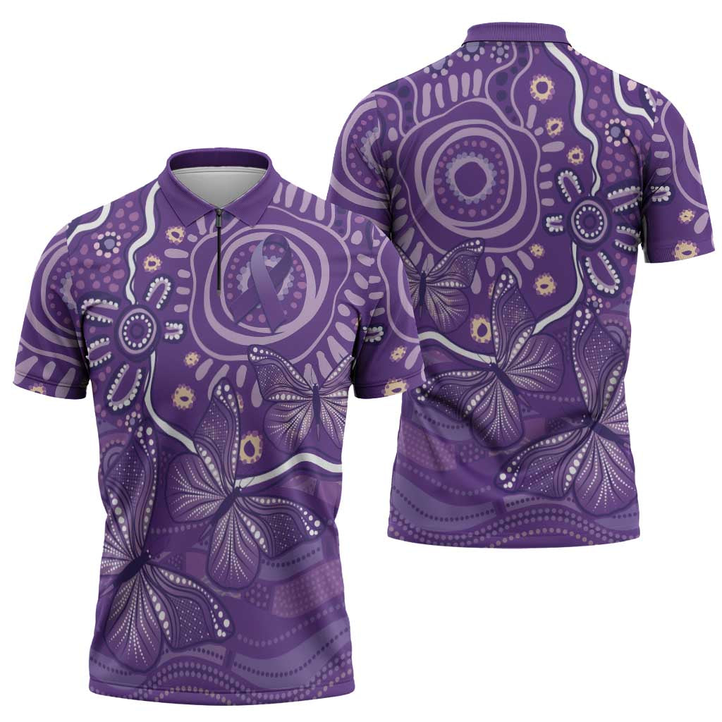 Australia Lupus Awareness Indigenous Zipper Polo Shirt Purple Ribbon Aboriginal Butterflies