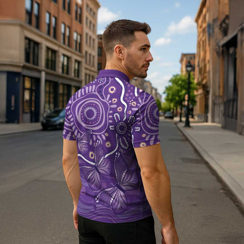 Australia Lupus Awareness Indigenous Zipper Polo Shirt Purple Ribbon Aboriginal Butterflies
