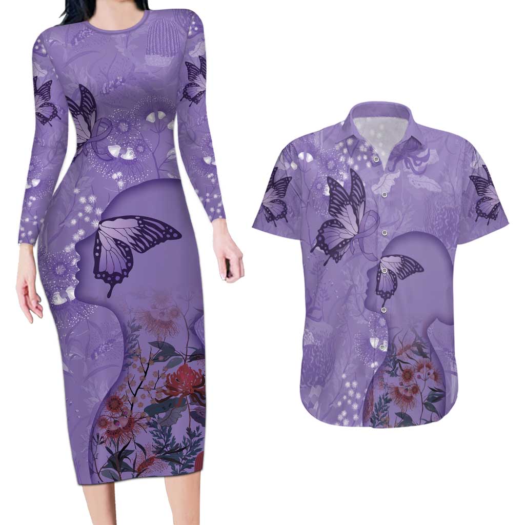 Lupus Cannot Stop Me Australia Floral Couples Matching Long Sleeve Bodycon Dress and Hawaiian Shirt Purple Ribbon