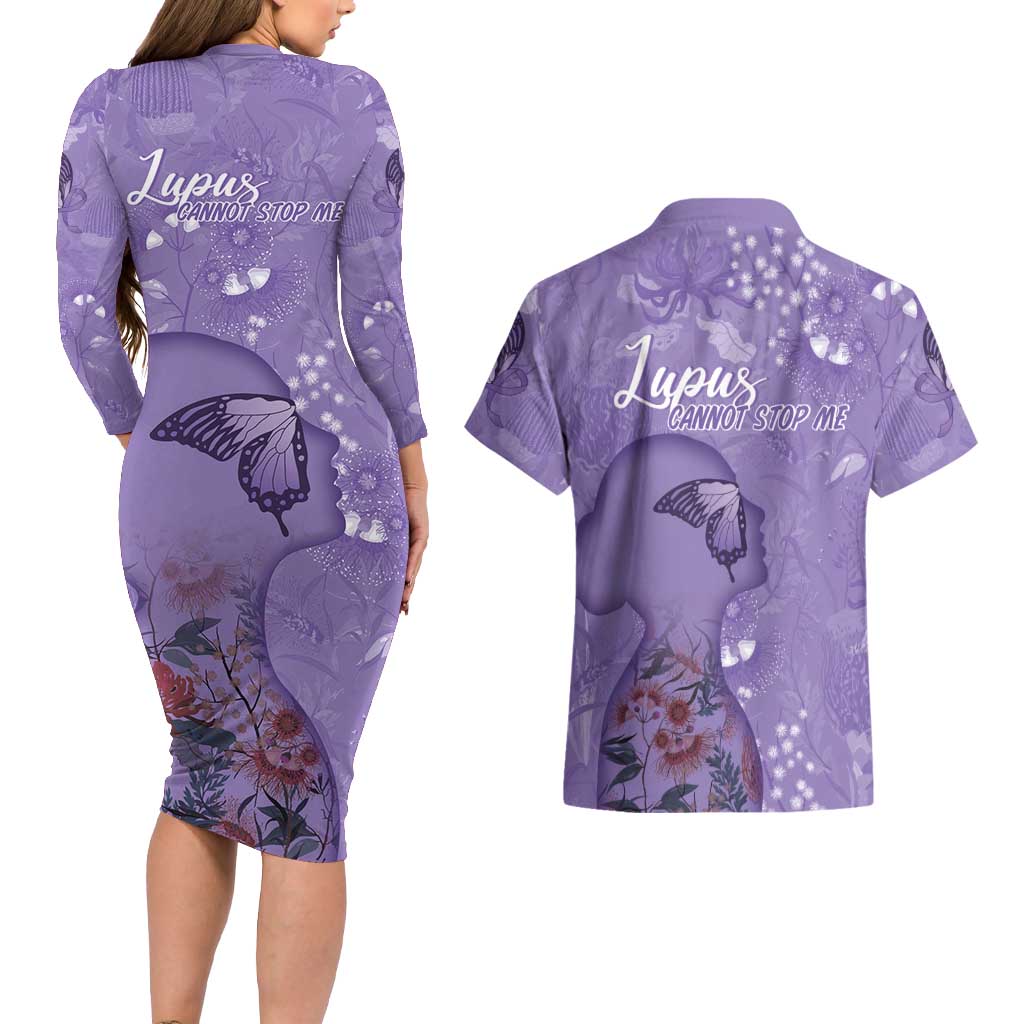 Lupus Cannot Stop Me Australia Floral Couples Matching Long Sleeve Bodycon Dress and Hawaiian Shirt Purple Ribbon