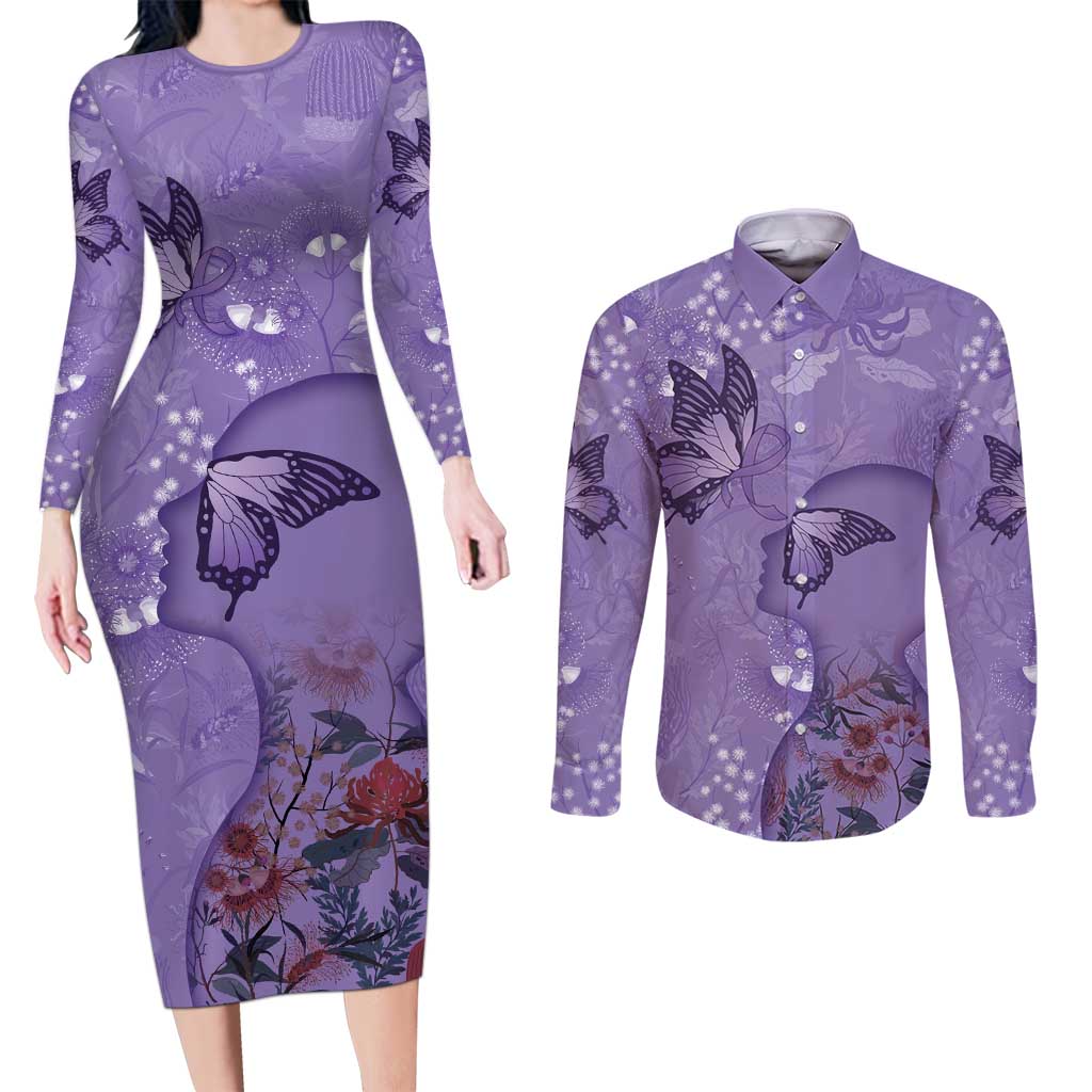 Lupus Cannot Stop Me Australia Floral Couples Matching Long Sleeve Bodycon Dress and Long Sleeve Button Shirt Purple Ribbon