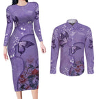 Lupus Cannot Stop Me Australia Floral Couples Matching Long Sleeve Bodycon Dress and Long Sleeve Button Shirt Purple Ribbon