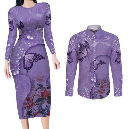 Lupus Cannot Stop Me Australia Floral Couples Matching Long Sleeve Bodycon Dress and Long Sleeve Button Shirt Purple Ribbon