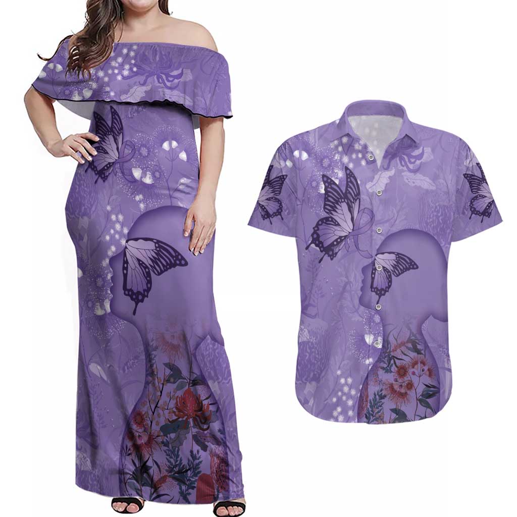 Lupus Cannot Stop Me Australia Floral Couples Matching Off Shoulder Maxi Dress and Hawaiian Shirt Purple Ribbon