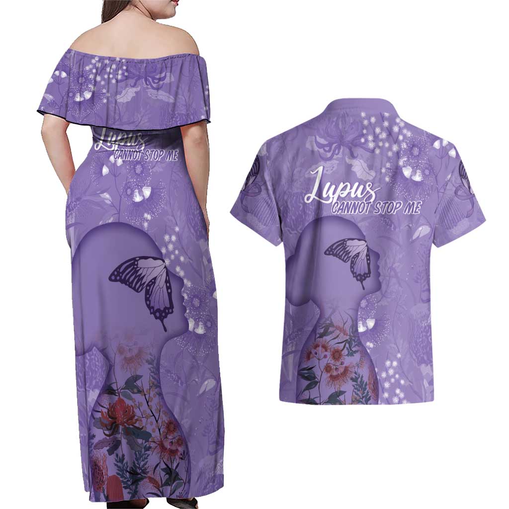 Lupus Cannot Stop Me Australia Floral Couples Matching Off Shoulder Maxi Dress and Hawaiian Shirt Purple Ribbon
