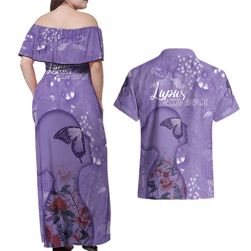 Lupus Cannot Stop Me Australia Floral Couples Matching Off Shoulder Maxi Dress and Hawaiian Shirt Purple Ribbon