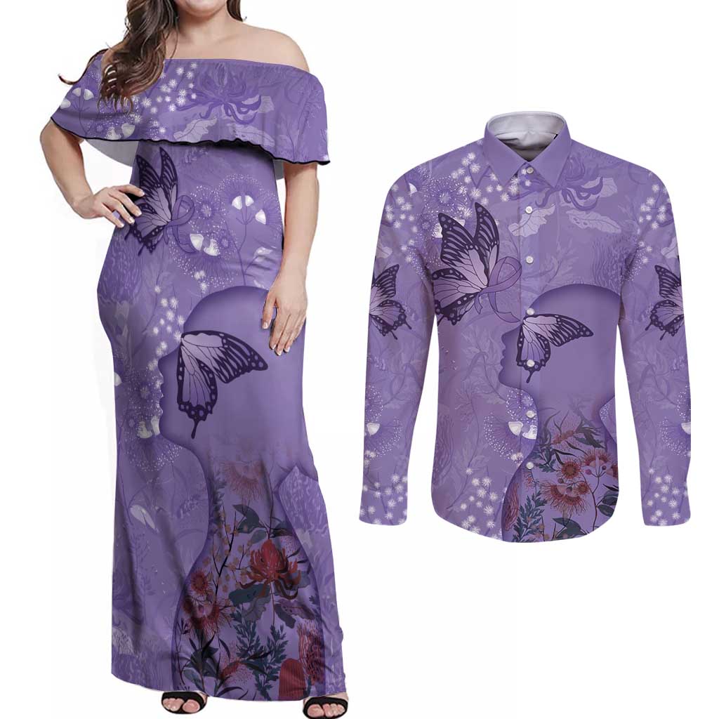 Lupus Cannot Stop Me Australia Floral Couples Matching Off Shoulder Maxi Dress and Long Sleeve Button Shirt Purple Ribbon