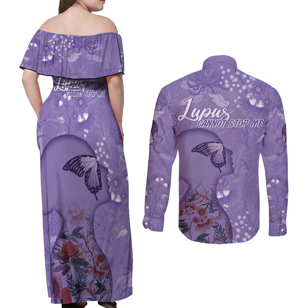 Lupus Cannot Stop Me Australia Floral Couples Matching Off Shoulder Maxi Dress and Long Sleeve Button Shirt Purple Ribbon