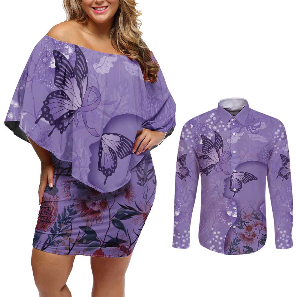 Lupus Cannot Stop Me Australia Floral Couples Matching Off Shoulder Short Dress and Long Sleeve Button Shirt Purple Ribbon