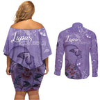 Lupus Cannot Stop Me Australia Floral Couples Matching Off Shoulder Short Dress and Long Sleeve Button Shirt Purple Ribbon