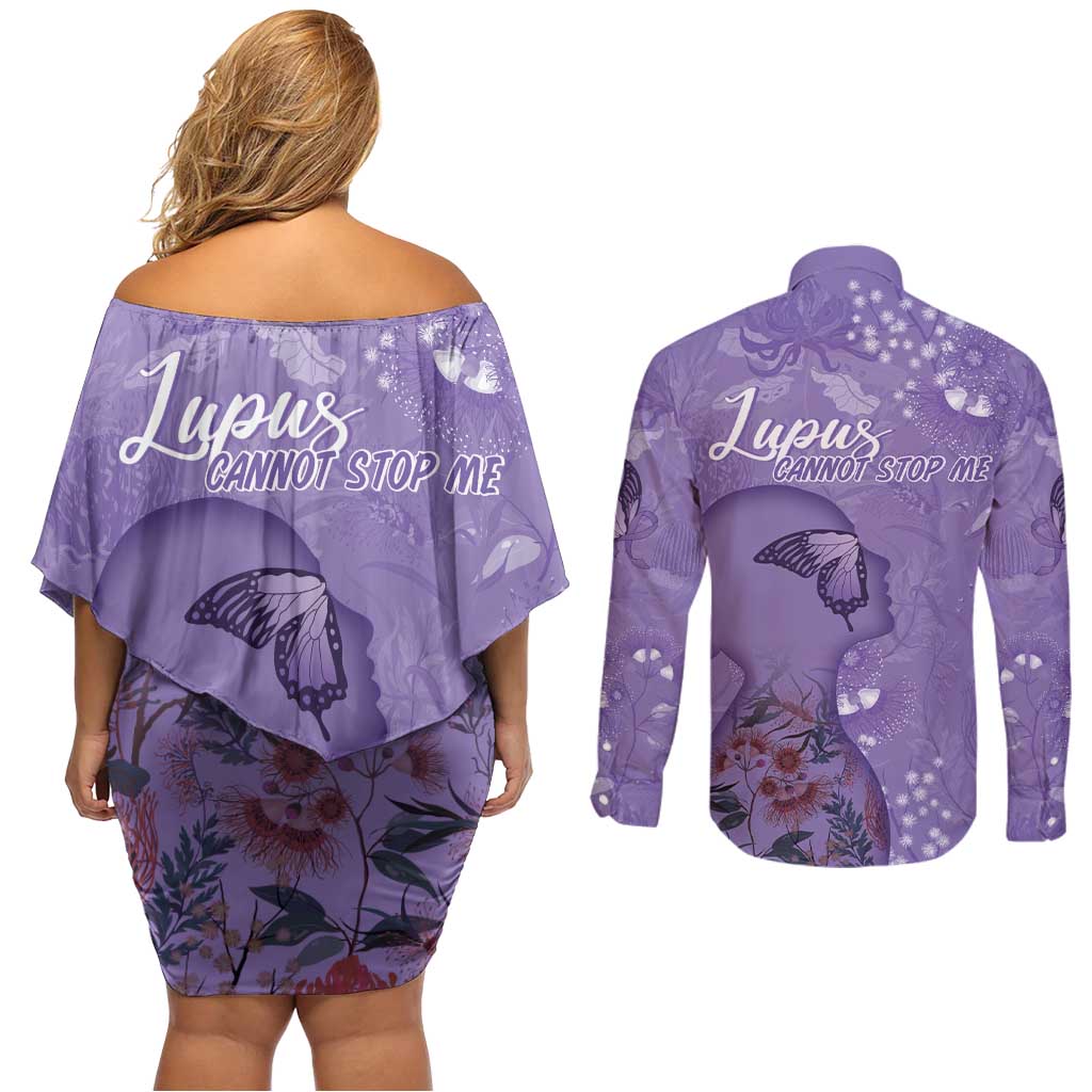 Lupus Cannot Stop Me Australia Floral Couples Matching Off Shoulder Short Dress and Long Sleeve Button Shirt Purple Ribbon