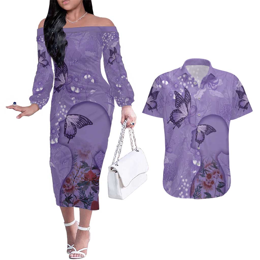 Lupus Cannot Stop Me Australia Floral Couples Matching Off The Shoulder Long Sleeve Dress and Hawaiian Shirt Purple Ribbon