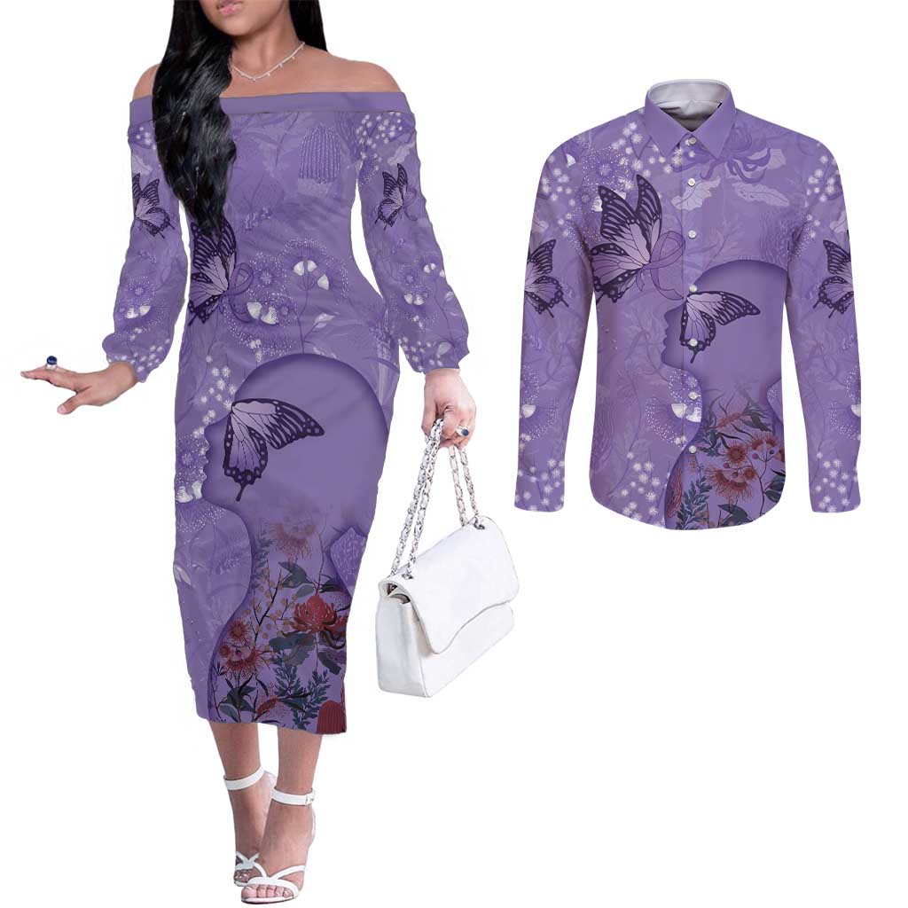 Lupus Cannot Stop Me Australia Floral Couples Matching Off The Shoulder Long Sleeve Dress and Long Sleeve Button Shirt Purple Ribbon
