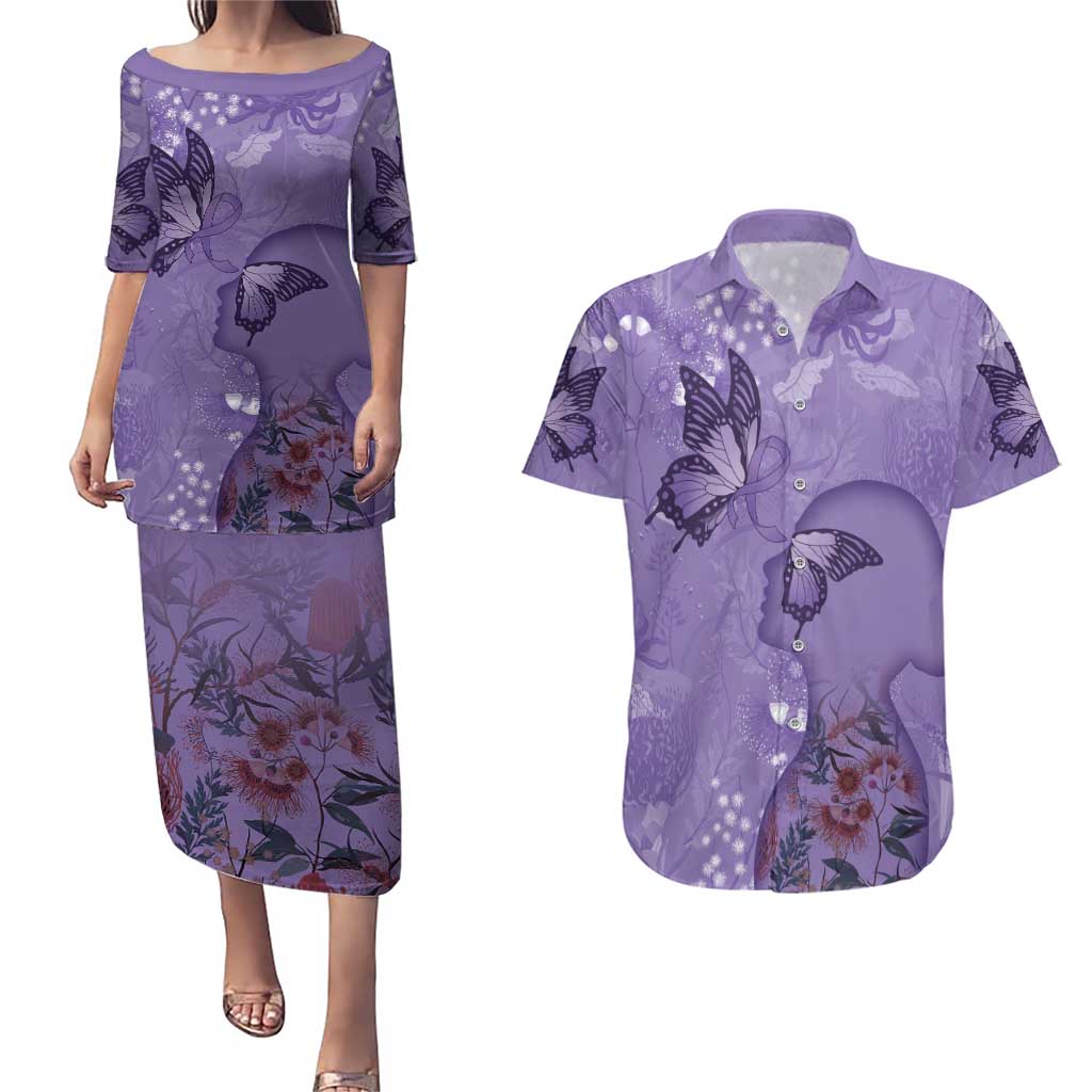 Lupus Cannot Stop Me Australia Floral Couples Matching Puletasi and Hawaiian Shirt Purple Ribbon