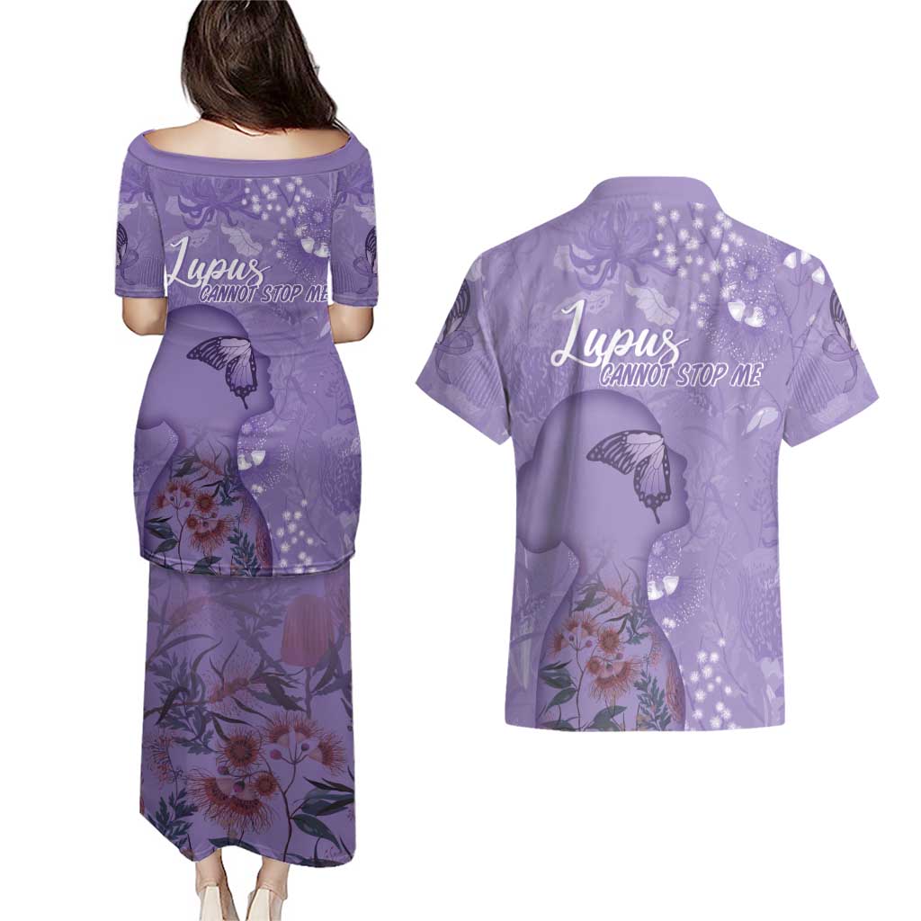 Lupus Cannot Stop Me Australia Floral Couples Matching Puletasi and Hawaiian Shirt Purple Ribbon