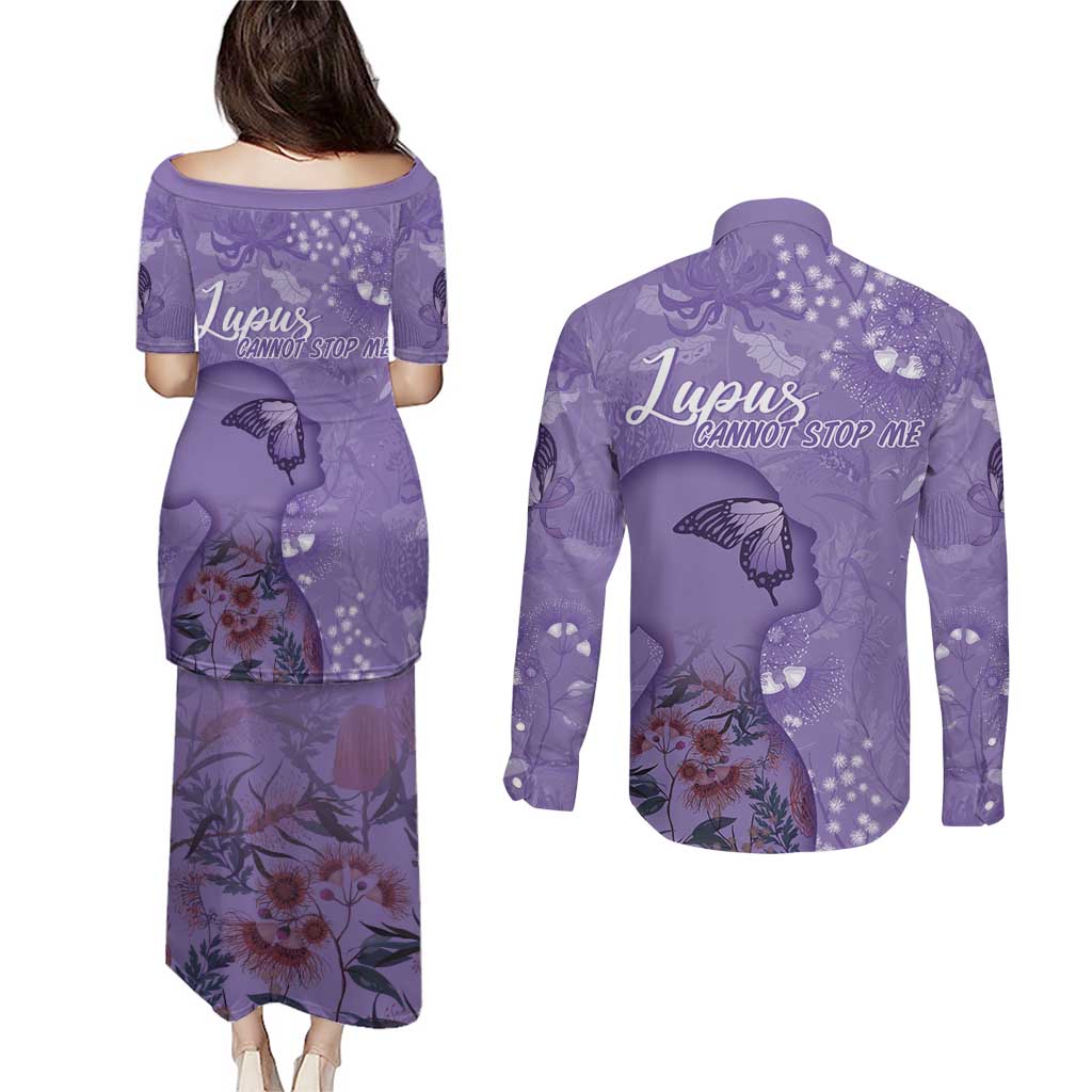 Lupus Cannot Stop Me Australia Floral Couples Matching Puletasi and Long Sleeve Button Shirt Purple Ribbon