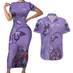 Lupus Cannot Stop Me Australia Floral Couples Matching Short Sleeve Bodycon Dress and Hawaiian Shirt Purple Ribbon