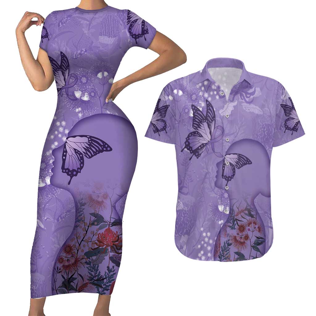 Lupus Cannot Stop Me Australia Floral Couples Matching Short Sleeve Bodycon Dress and Hawaiian Shirt Purple Ribbon