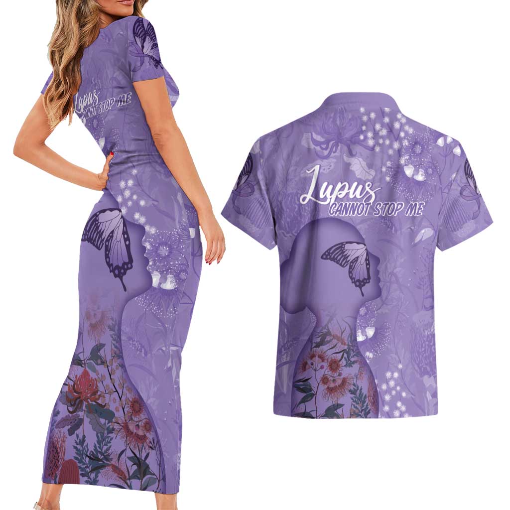Lupus Cannot Stop Me Australia Floral Couples Matching Short Sleeve Bodycon Dress and Hawaiian Shirt Purple Ribbon