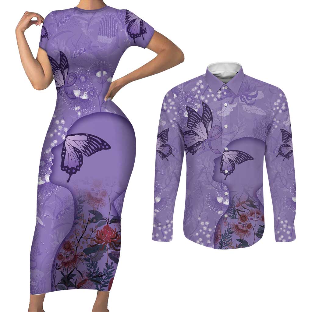 Lupus Cannot Stop Me Australia Floral Couples Matching Short Sleeve Bodycon Dress and Long Sleeve Button Shirt Purple Ribbon