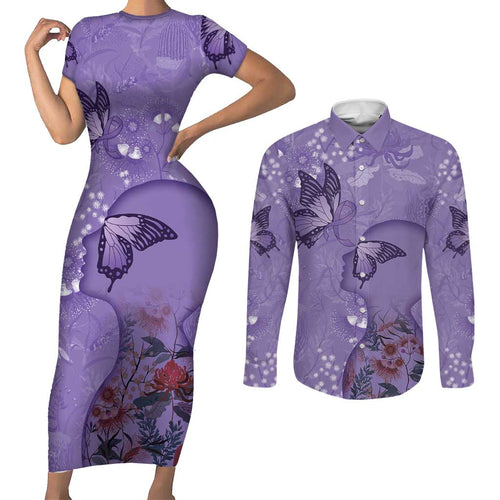Lupus Cannot Stop Me Australia Floral Couples Matching Short Sleeve Bodycon Dress and Long Sleeve Button Shirt Purple Ribbon