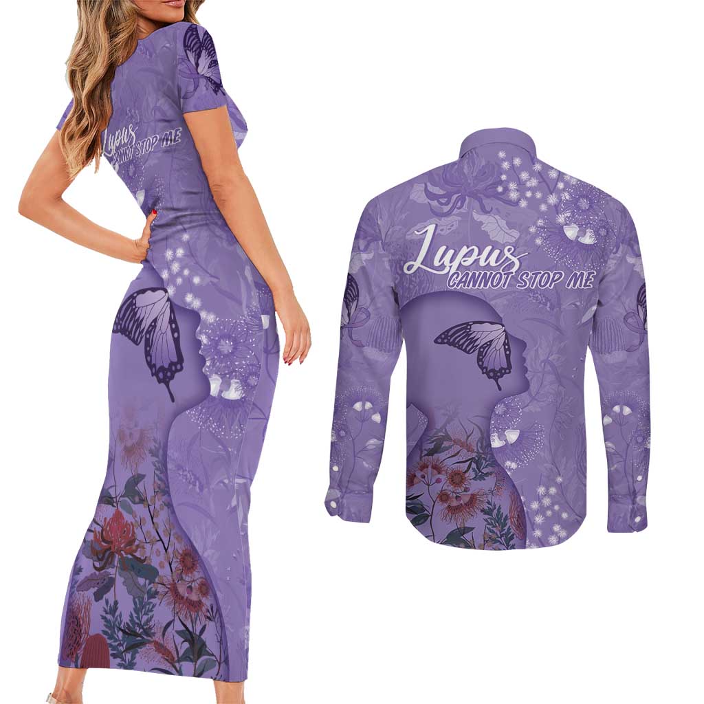 Lupus Cannot Stop Me Australia Floral Couples Matching Short Sleeve Bodycon Dress and Long Sleeve Button Shirt Purple Ribbon
