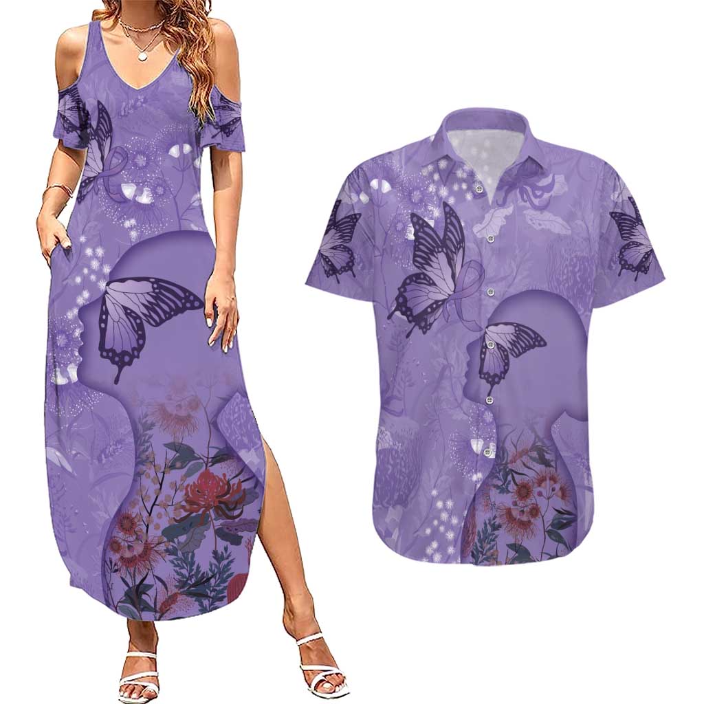Lupus Cannot Stop Me Australia Floral Couples Matching Summer Maxi Dress and Hawaiian Shirt Purple Ribbon