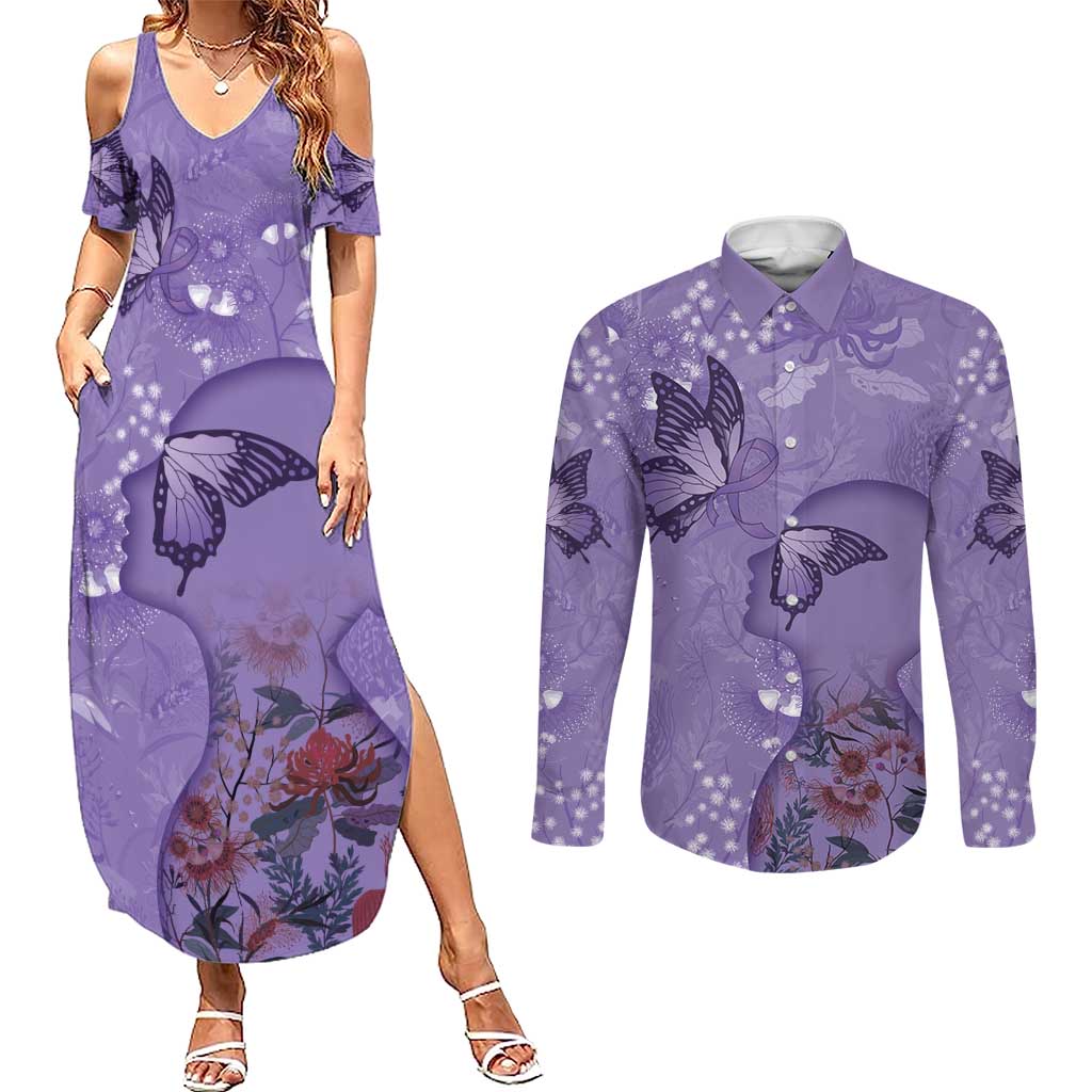 Lupus Cannot Stop Me Australia Floral Couples Matching Summer Maxi Dress and Long Sleeve Button Shirt Purple Ribbon