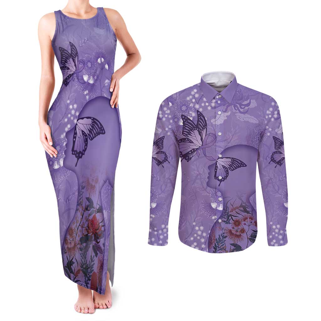 Lupus Cannot Stop Me Australia Floral Couples Matching Tank Maxi Dress and Long Sleeve Button Shirt Purple Ribbon