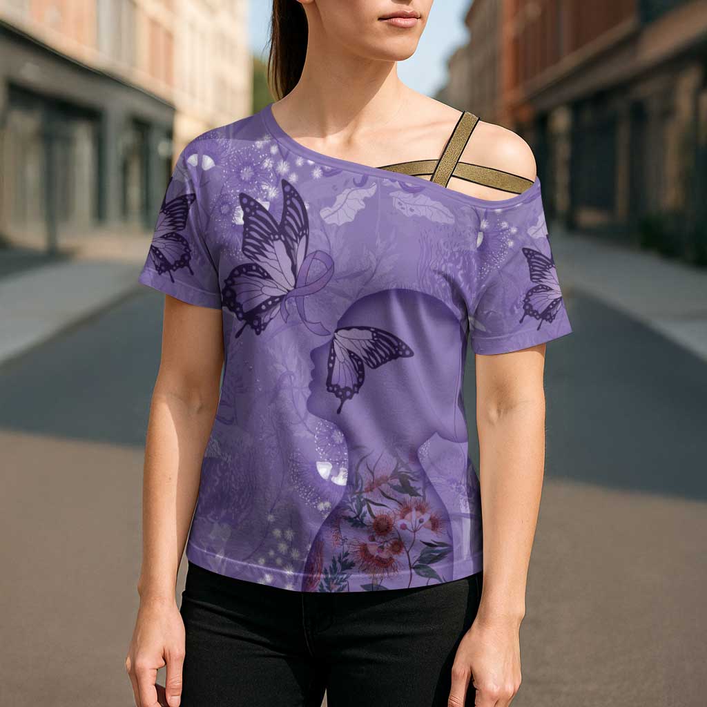 Lupus Cannot Stop Me Australia Floral Cross Shoulder Shirt Purple Ribbon