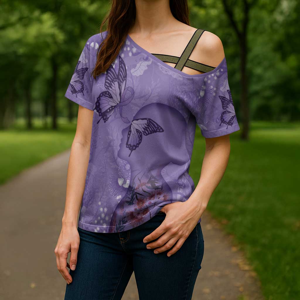 Lupus Cannot Stop Me Australia Floral Cross Shoulder Shirt Purple Ribbon