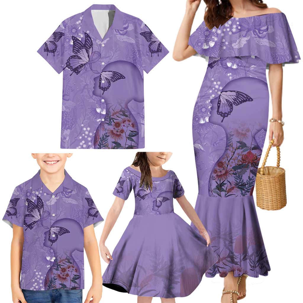 Lupus Cannot Stop Me Australia Floral Family Matching Mermaid Dress and Hawaiian Shirt Purple Ribbon