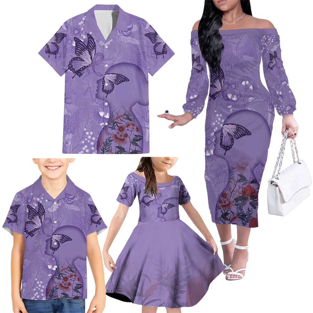 Lupus Cannot Stop Me Australia Floral Family Matching Off The Shoulder Long Sleeve Dress and Hawaiian Shirt Purple Ribbon