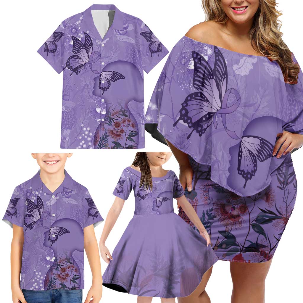 Lupus Cannot Stop Me Australia Floral Family Matching Off Shoulder Short Dress and Hawaiian Shirt Purple Ribbon