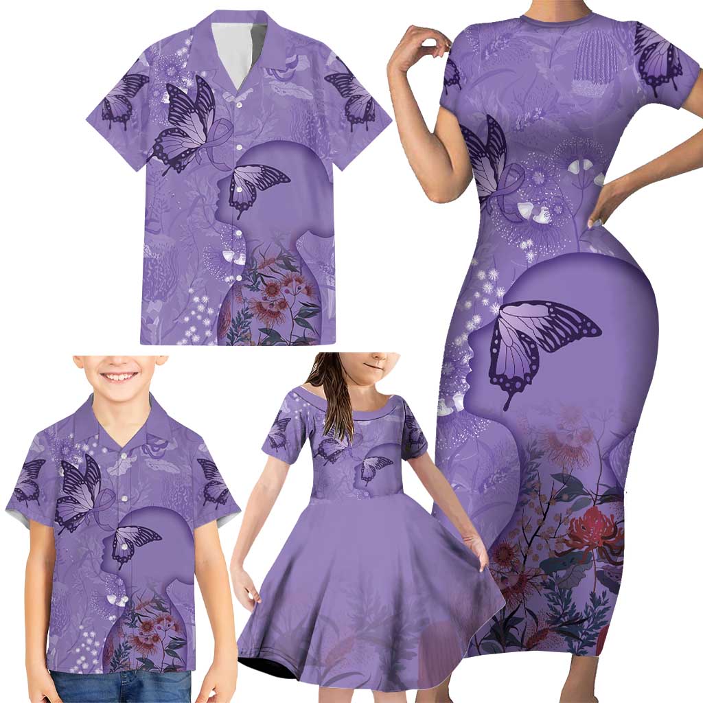Lupus Cannot Stop Me Australia Floral Family Matching Short Sleeve Bodycon Dress and Hawaiian Shirt Purple Ribbon